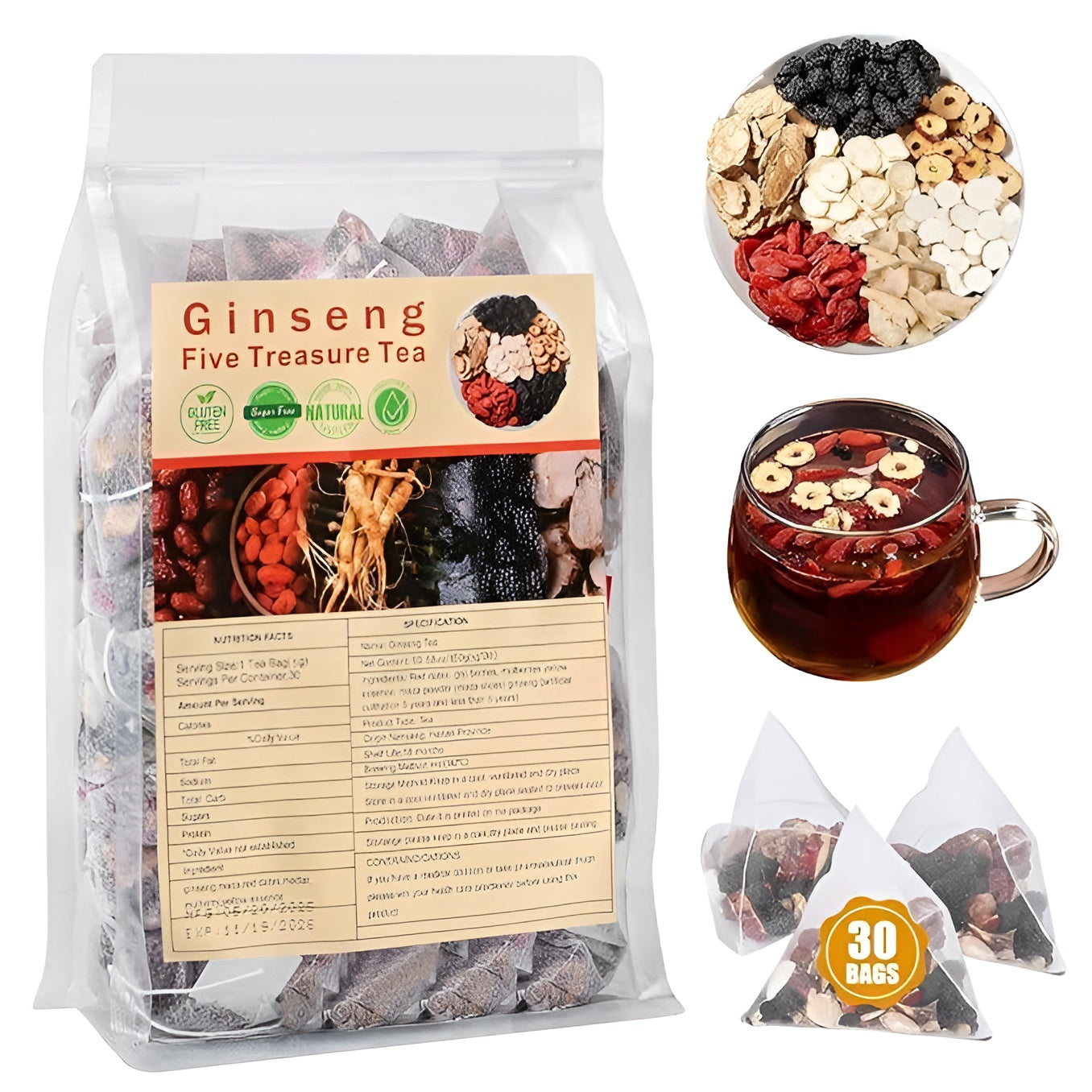 Ginseng Five Treasure Tea || Traditional Chinese Herbal Tea, Natural Organic Kidney Cleanse Detox Tea for Women & Men