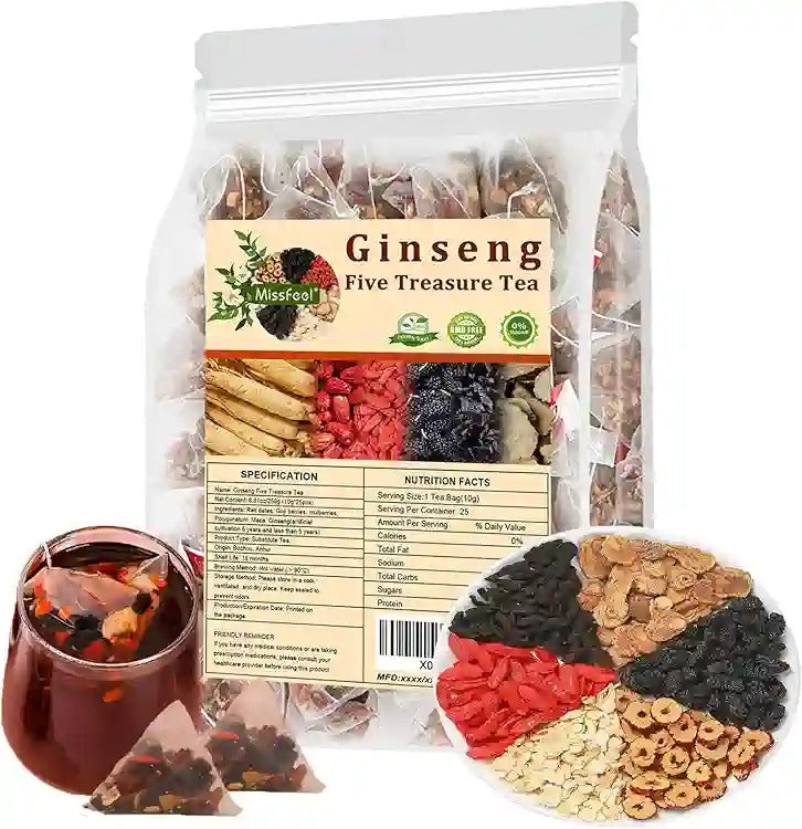 Ginseng Five Treasure Tea || Traditional Chinese Herbal Tea, Natural Organic Kidney Cleanse Detox Tea for Women & Men